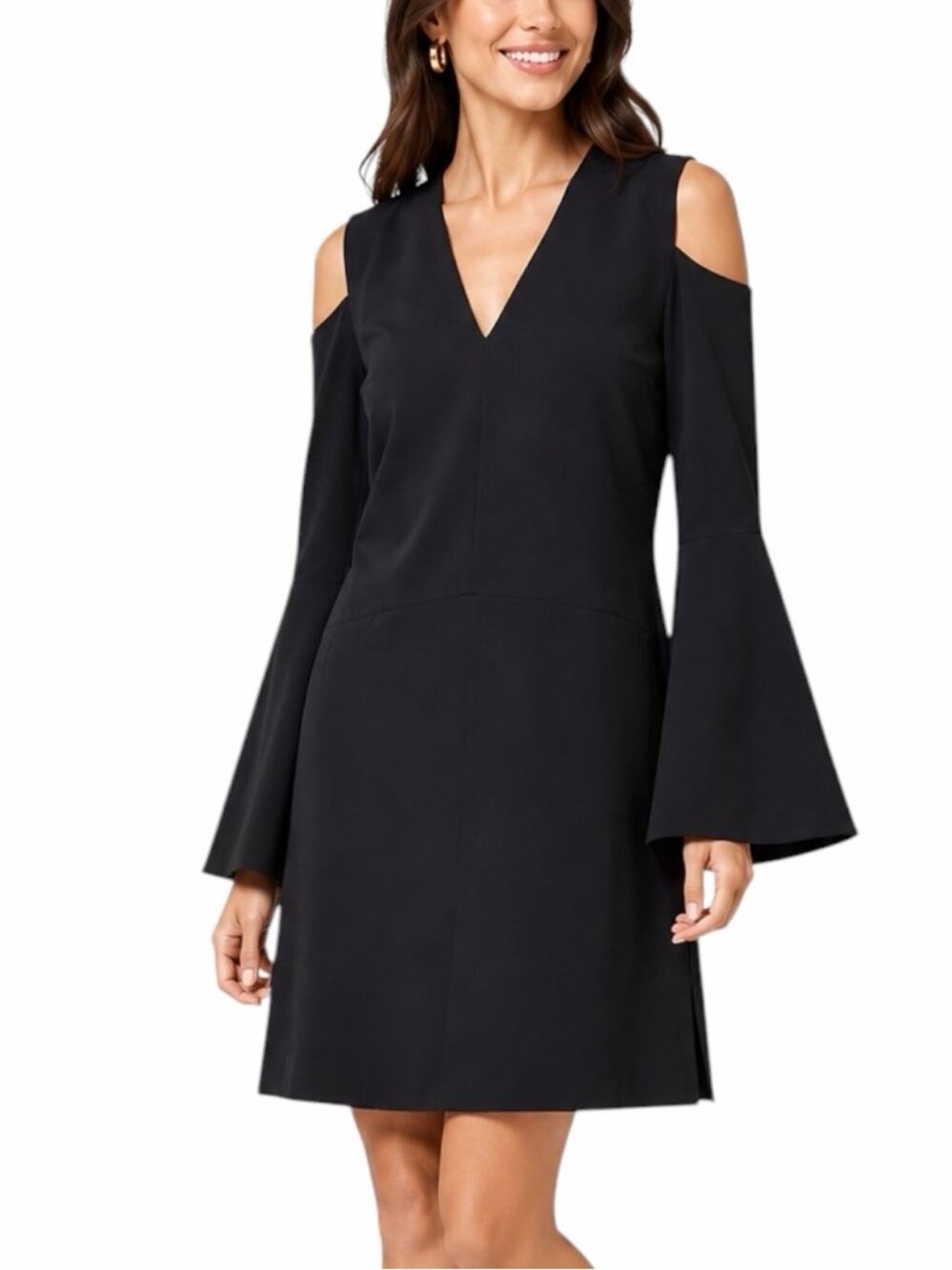 Derek Lam Cold Shoulder Mini Dress Size 10 Bell Sleeve Silk Lined Black Designer